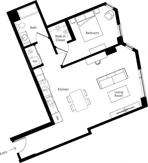 Floor plan for 1 bed, 1 bath, 775 sqft